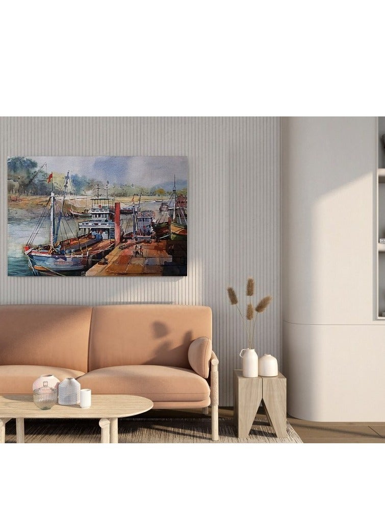 هوم جاليري لوحة فنية جدارية من القماش الكانفاس مطبوعة بالألوان المائية على شكل قوارب صيد - Image 3