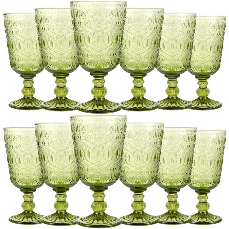 Eaasty Wine Glasses Set of 12 Vintage Goblet 9 oz Vintage Colored Glass Goblet Beverage Stemmed Glass Cups Romantic Embossed Glassware for Wedding Party Holidays Anniversary Green