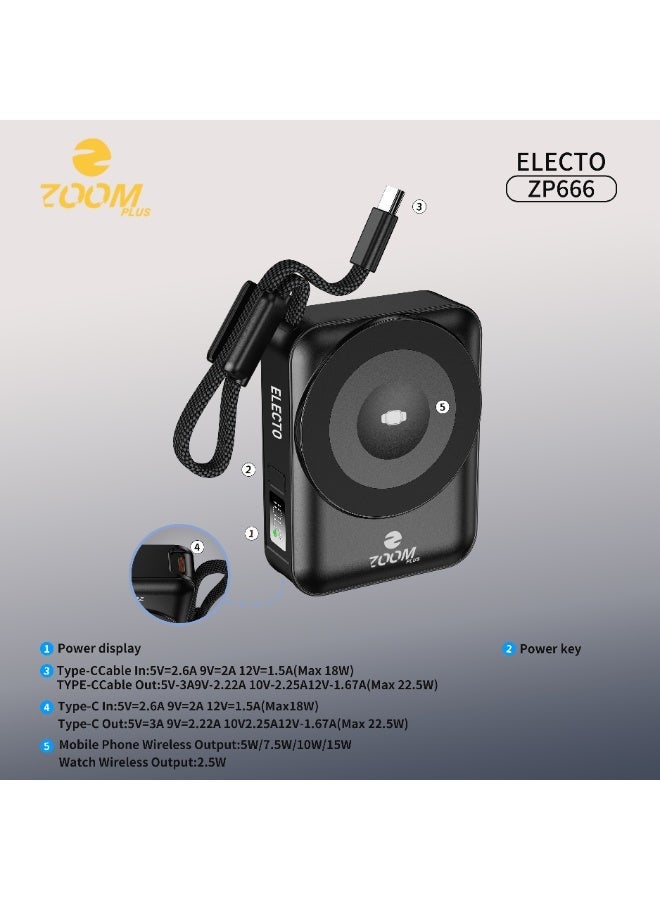 ZOOM PLUS ELECTO ZP666 Wireless Power Bank 10000mAh | 15W Wireless Charging | Built-in Cable | Compact Fast Charging Power Bank - Image 2