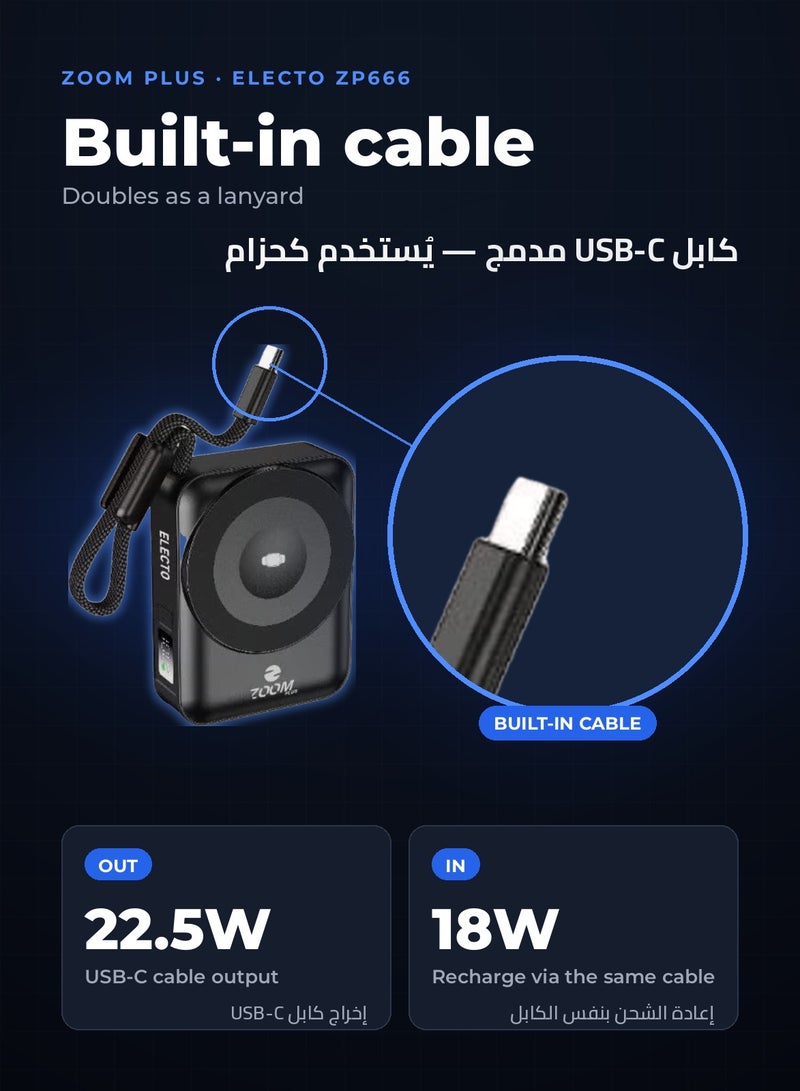ZOOM PLUS ELECTO ZP666 Wireless Power Bank 10000mAh, 15W Wireless Charging, Built-in USB-C Cable 22.5W, USB-C Port, LED Display, Compact Portable Charger with Phone Stand (Black) - Image 3