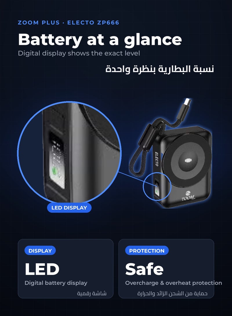 ZOOM PLUS ELECTO ZP666 Wireless Power Bank 10000mAh, 15W Wireless Charging, Built-in USB-C Cable 22.5W, USB-C Port, LED Display, Compact Portable Charger with Phone Stand (Black) - Image 5