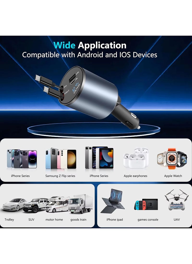 EzzySo - 12/24V 120W Fast Car Charger with Retractable Charging Cable Fast Car Power Adapter PD20W for iPhone Type C 40W Car Bluetooth USB Charger Plug with iPhone,Samsung,Galaxy,Huawei,Xiaomi - Image 1