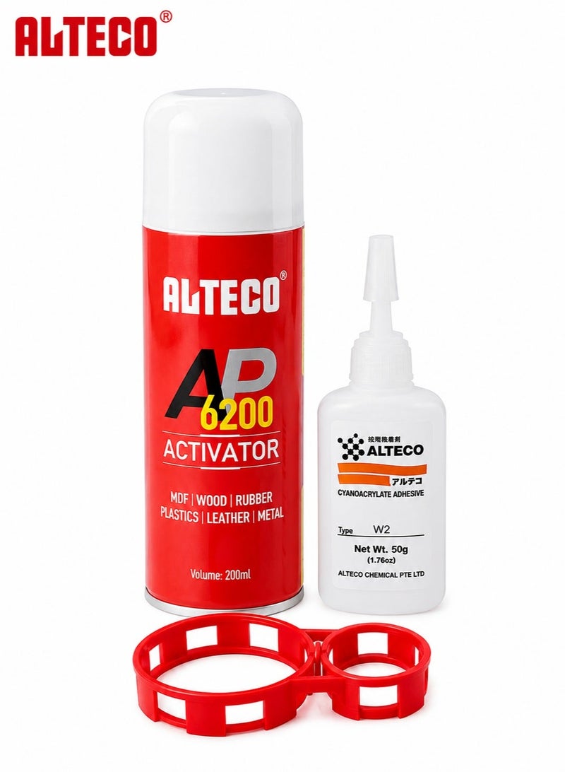 ألتيكو مجموعة ALTECO AP 6200: مُنشِّط (Activator) سعة 200 مل مع لاصق سيانو أكريلات W2 (وزن 50 جم)؛ غراء سريع الالتصاق مناسب لـ MDF، والخشب، والمطاط، والبلاستيك، والجلد، والمعادن؛ مجموعة مثالية للإصلاحات، والأثاث، والأعمال الحرفية، واستخدامات الورش. - Image 1