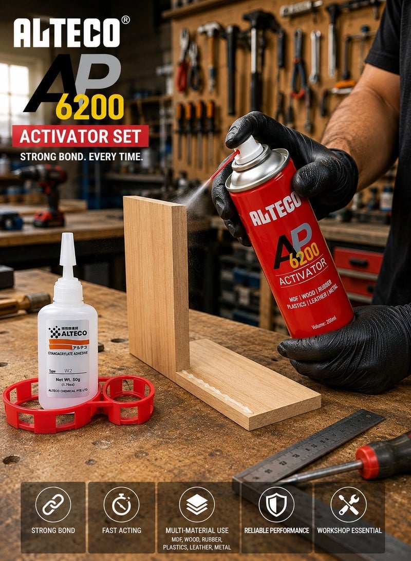 ألتيكو مجموعة ALTECO AP 6200: مُنشِّط (Activator) سعة 200 مل مع لاصق سيانو أكريلات W2 (وزن 50 جم)؛ غراء سريع الالتصاق مناسب لـ MDF، والخشب، والمطاط، والبلاستيك، والجلد، والمعادن؛ مجموعة مثالية للإصلاحات، والأثاث، والأعمال الحرفية، واستخدامات الورش. - Image 2