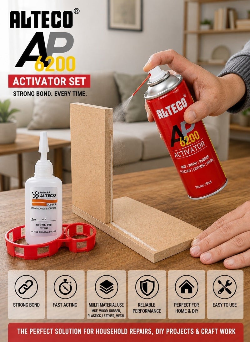 ألتيكو مجموعة ALTECO AP 6200: مُنشِّط (Activator) سعة 200 مل مع لاصق سيانو أكريلات W2 (وزن 50 جم)؛ غراء سريع الالتصاق مناسب لـ MDF، والخشب، والمطاط، والبلاستيك، والجلد، والمعادن؛ مجموعة مثالية للإصلاحات، والأثاث، والأعمال الحرفية، واستخدامات الورش. - Image 3