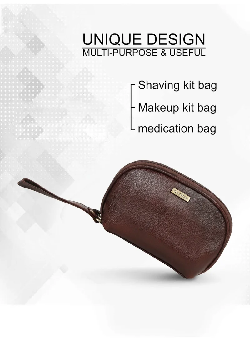 Teakwood  Teakwood Essentials Genuine Leather Travel Toiletry Bag | Large Capacity Cosmetic & Grooming Organizer | Dual Zipper Compartments | Inner Pocket | Durable Wrist Strap | Multipurpose Shaving, Makeup & Travel Kit for Men & Women | Maroon  | Best Price UAE