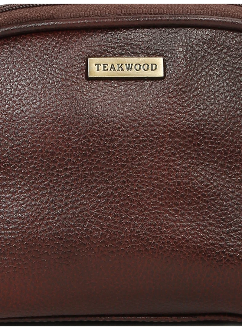 Teakwood  Teakwood Essentials Genuine Leather Travel Toiletry Bag | Large Capacity Cosmetic & Grooming Organizer | Dual Zipper Compartments | Inner Pocket | Durable Wrist Strap | Multipurpose Shaving, Makeup & Travel Kit for Men & Women | Maroon  | Best Price UAE