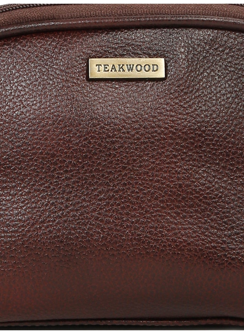 Teakwood Essentials Genuine Leather Travel Toiletry Bag | Large Capacity Cosmetic & Grooming Organizer | Dual Zipper Compartments | Inner Pocket | Durable Wrist Strap | Multipurpose Shaving, Makeup & Travel Kit for Men & Women | Maroon - Image 4