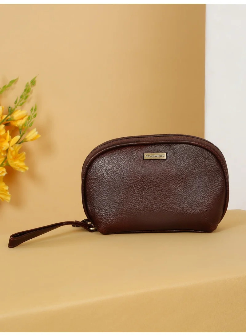 تيك وود Teakwood Essentials Genuine Leather Travel Toiletry Bag | Large Capacity Cosmetic & Grooming Organizer | Dual Zipper Compartments | Inner Pocket | Durable Wrist Strap | Multipurpose Shaving, Makeup & Travel Kit for Men & Women | Maroon