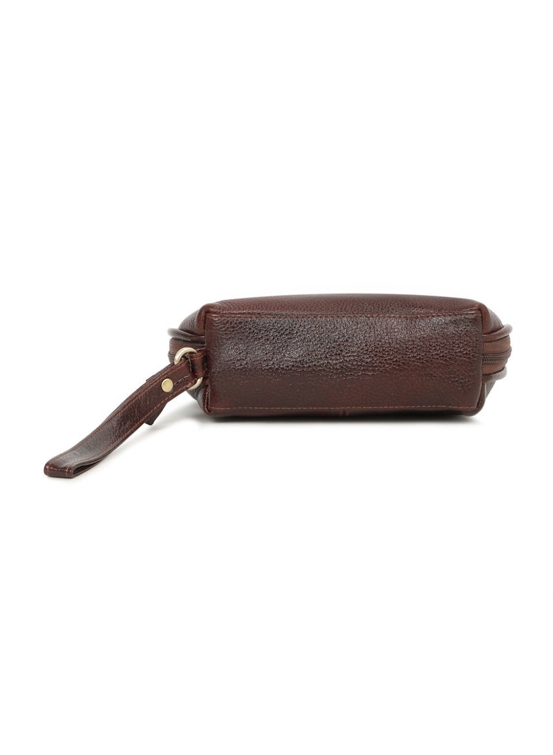 Teakwood Essentials Genuine Leather Travel Toiletry Bag | Large Capacity Cosmetic & Grooming Organizer | Dual Zipper Compartments | Inner Pocket | Durable Wrist Strap | Multipurpose Shaving, Makeup & Travel Kit for Men & Women | Maroon - Image 3