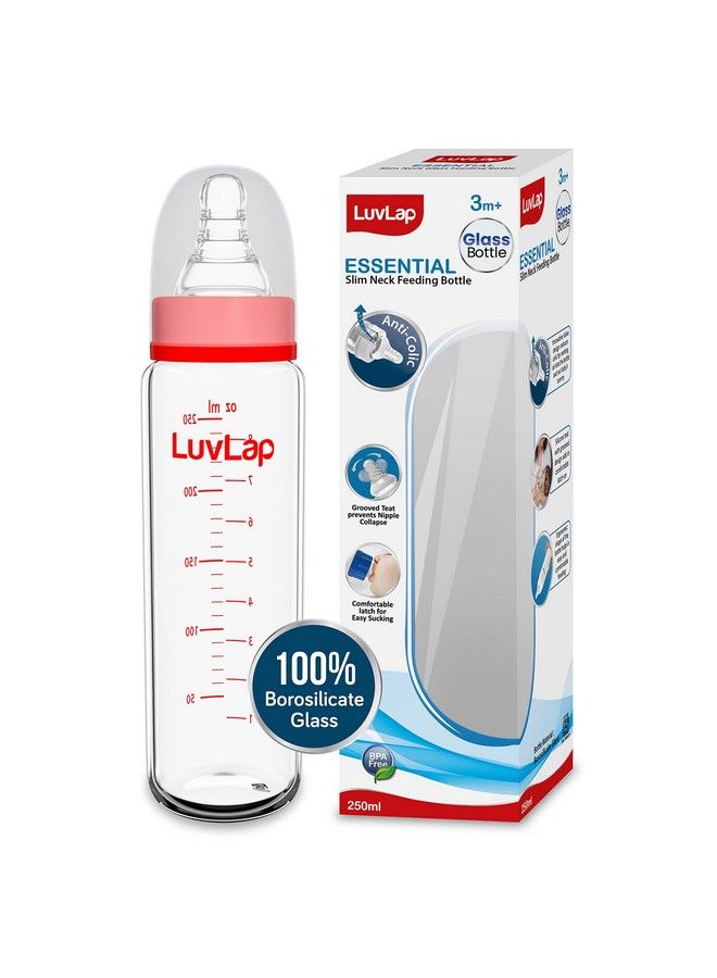 Luvlap زجاجة رضاعة لوف لاب إسينشال ذات عنق رفيع بسعة 250 مل للأطفال من سن 3 أشهر فما فوق حتى 3 سنوات مصنوعة من زجاج البورسليكات خالية من مادة BPA ذات شكل مريح يسهل حملها مع حلمة مضادة للمغص عبوة من قطعة واحدة باللونين الأبيض والأحمر - Image 1