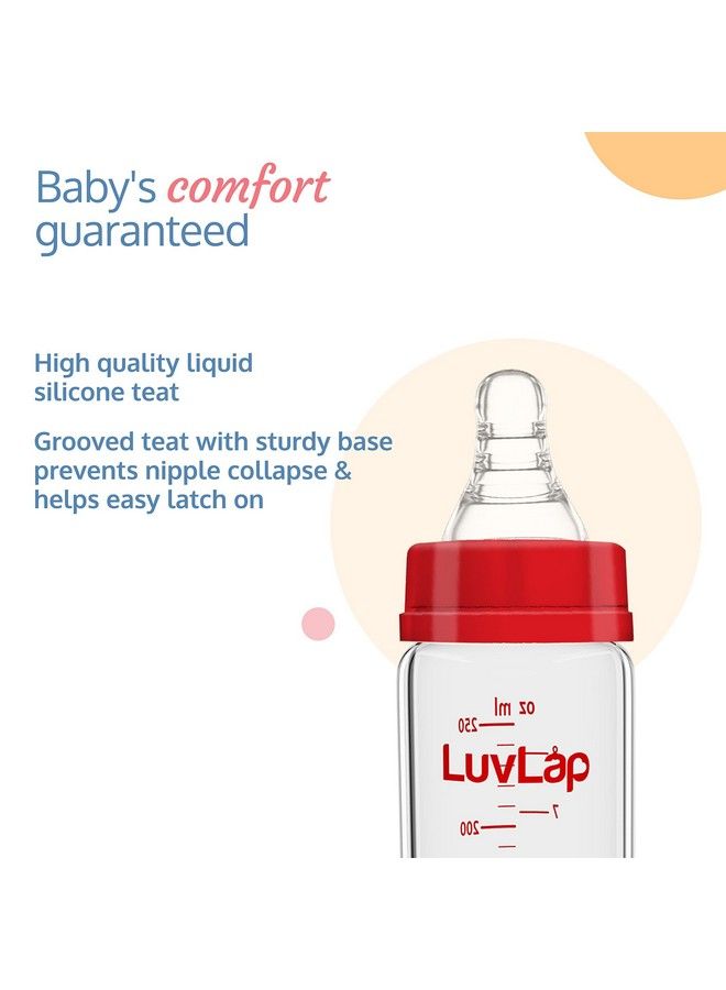 Luvlap زجاجة رضاعة لوف لاب إسينشال ذات عنق رفيع بسعة 250 مل للأطفال من سن 3 أشهر فما فوق حتى 3 سنوات مصنوعة من زجاج البورسليكات خالية من مادة BPA ذات شكل مريح يسهل حملها مع حلمة مضادة للمغص عبوة من قطعة واحدة باللونين الأبيض والأحمر - Image 4