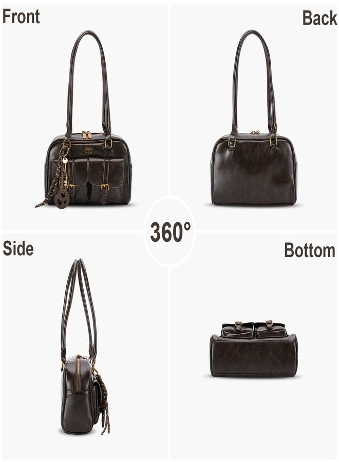 HICARRY Shoulder Bag Retro Top Handle Bag Y2k 90s Multiple Pockets Designer Handbag Soft Trendy Underarm Purse, Coffee, Fashion - Image 3
