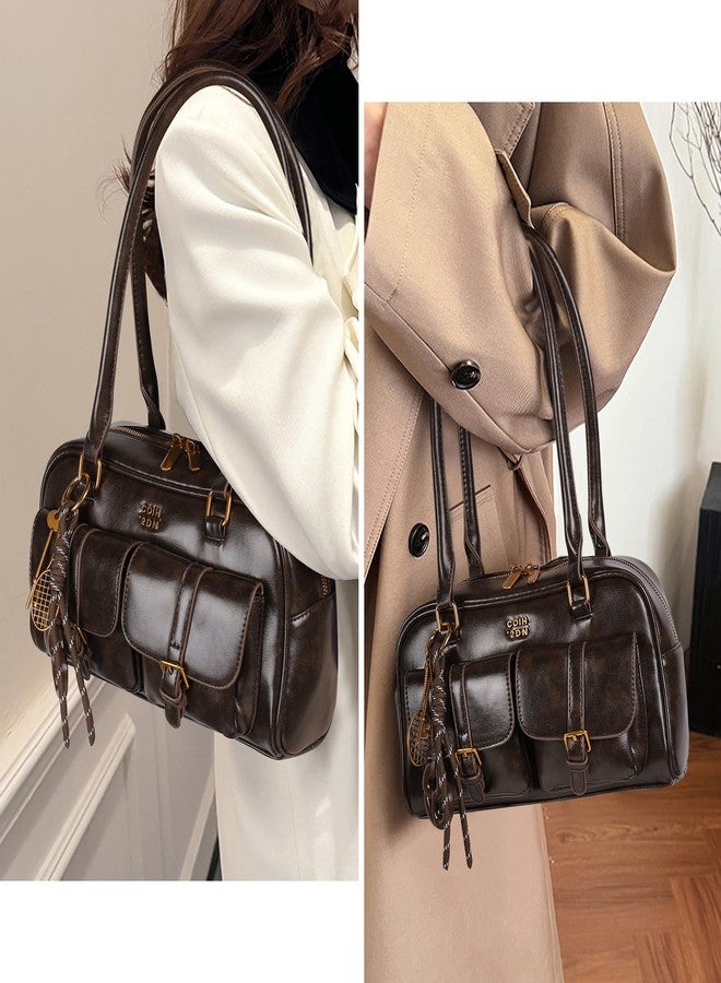 HICARRY Shoulder Bag Retro Top Handle Bag Y2k 90s Multiple Pockets Designer Handbag Soft Trendy Underarm Purse, Coffee, Fashion - Image 2