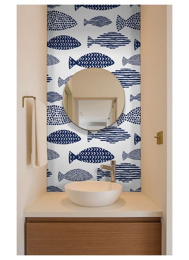 HAOKHOME 960401 Peel And Stick Wallpaper Abstract Underwater World Fish Trellis Indigo Blue Removable Contactpaper For Home Bathroom Decorations 17.7In X 118In  - Image 4