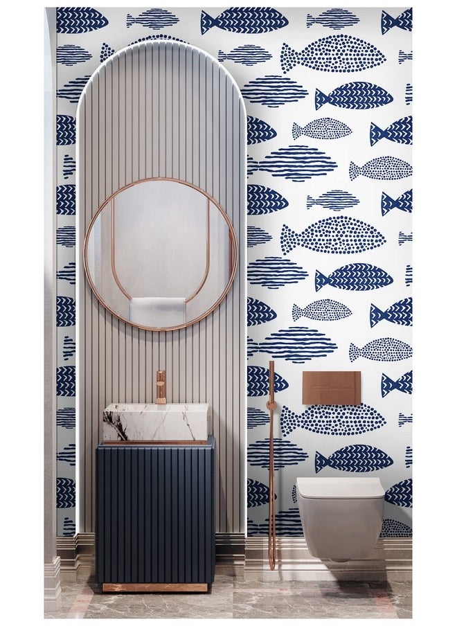 HAOKHOME 960401 Peel And Stick Wallpaper Abstract Underwater World Fish Trellis Indigo Blue Removable Contactpaper For Home Bathroom Decorations 17.7In X 118In  - Image 3