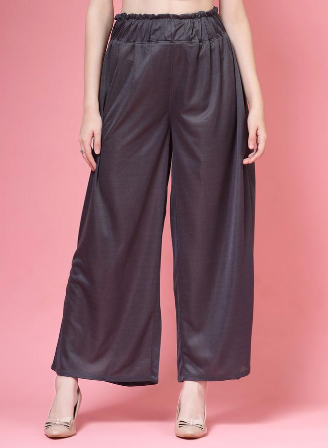 بوز بنطلون نسائي رمادي سادة بخصر مرتفع وأرجل واسعة - Image 1