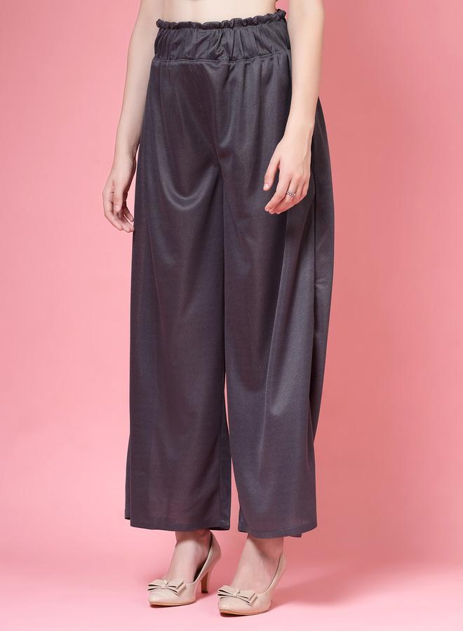 بوز بنطلون نسائي رمادي سادة بخصر مرتفع وأرجل واسعة - Image 2