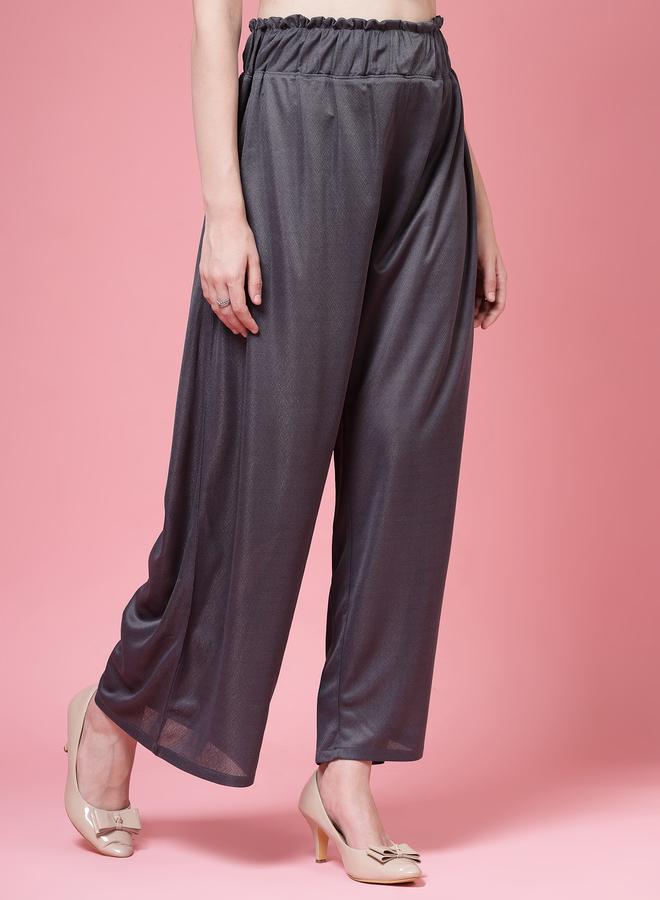 بوز بنطلون نسائي رمادي سادة بخصر مرتفع وأرجل واسعة - Image 3