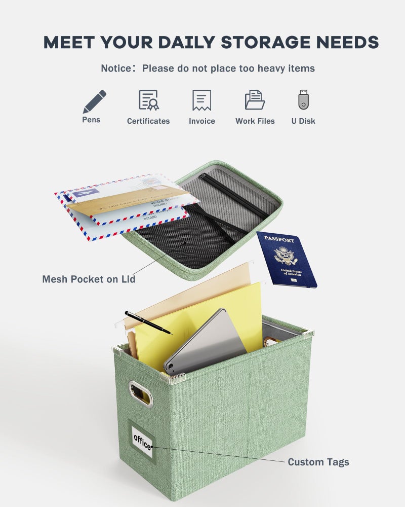Oterri File Organizer Box with Lid, Hanging Filing File Box with Mesh Pocket, Document Organizer Box for Letter Files, Portable Storage Box(1 PCS, Green) - Image 4
