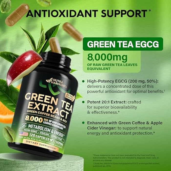 NUTRAHARMONY Green Tea Extract - 50% EGCG, Extra Strength 20:1 Extract - Natural Green Tea Supplement + Green Coffee Beans & Apple Cider Vinegar - Energy & Metabolism Support - for Men & Women - Vegan 120 Capsules - Image 4