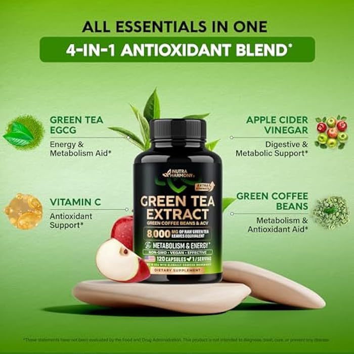 NUTRAHARMONY Green Tea Extract - 50% EGCG, Extra Strength 20:1 Extract - Natural Green Tea Supplement + Green Coffee Beans & Apple Cider Vinegar - Energy & Metabolism Support - for Men & Women - Vegan 120 Capsules - Image 5