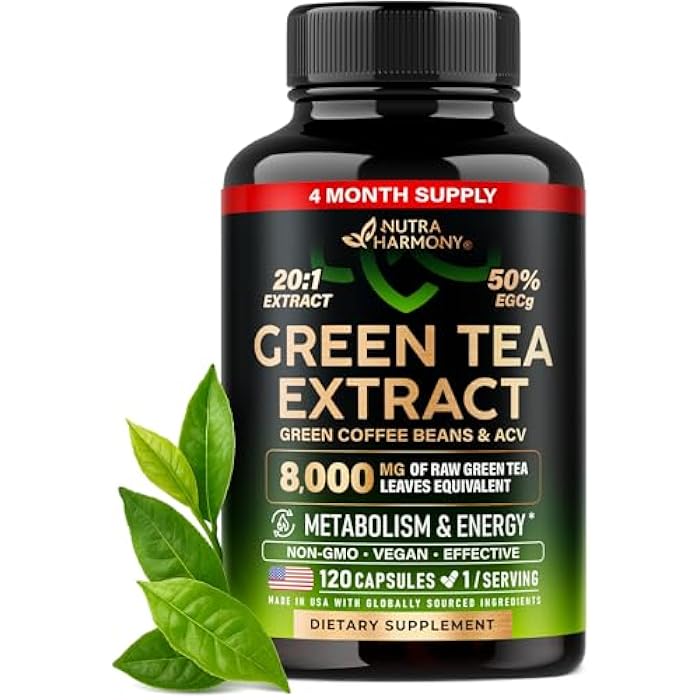 NUTRAHARMONY Green Tea Extract - 50% EGCG, Extra Strength 20:1 Extract - Natural Green Tea Supplement + Green Coffee Beans & Apple Cider Vinegar - Energy & Metabolism Support - for Men & Women - Vegan 120 Capsules - Image 1