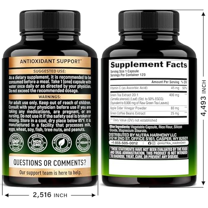 NUTRAHARMONY Green Tea Extract - 50% EGCG, Extra Strength 20:1 Extract - Natural Green Tea Supplement + Green Coffee Beans & Apple Cider Vinegar - Energy & Metabolism Support - for Men & Women - Vegan 120 Capsules - Image 2