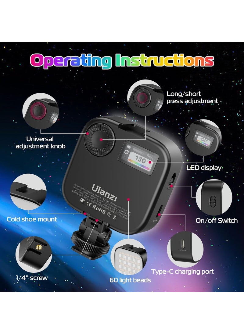 Ulanzi ULANZI U60 RGB Video Lights Black LED Camera Light 360° Full Color Portable Photography Lighting w Quick Release Cold Shoe Adapter and Clip, 2500mAh Rechargeable CRI 95+ 2500-9000K Dimmable Panel Lamp  - Image 3