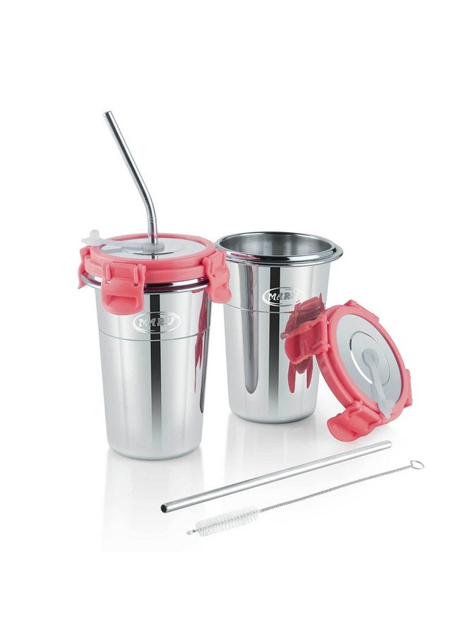 MARU MARU Stainless Steel Tumbler with Silicon Aperture Steel Lid Leak Proof Set of 2 pcs with 2 Straws 1 Brush | Glass Tumbler Steel lid | Steel Glass with Lid Capacity 400ML (Ice Pink)  - Image 1