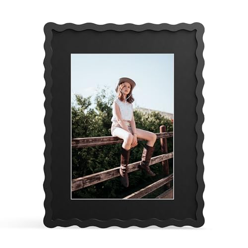 THKRLOF 11x14 Picture Frame with Mat for 8x10 Wavy Edge Wooden Real Glass Photo Frame for Wall Hanging Black 1 Pack - Image 1