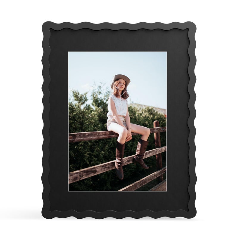 THKRLOF 11x14 Picture Frame with Mat for 8x10 Wavy Edge Wooden Real Glass Photo Frame for Wall Hanging Black 1 Pack - Image 2