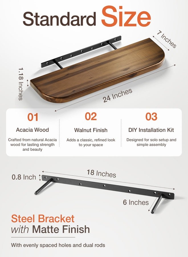 BATODA 24" Acacia Wood Floating Shelves Wall Mounted (Round Edge) - Rustic Farmhouse Wooden Wall Storage Shelf for Bedroom, Kitchen - Brackets and Shelving Hardware Included (Walnut, 24 Inch Length) - Image 2