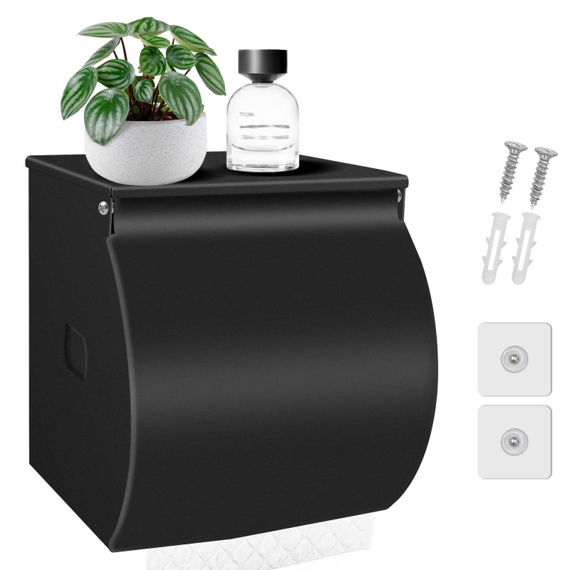 FARVIGOR Toilet Paper Holder Wall Mount, Self Adhesive Toilet Paper Holder with Shelf, Waterproof Stainless Steel Bathroom Toilet Tissue Roll Holder Cat Dog Proof, Black - Image 1