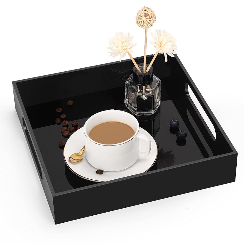Cilinta Home Decorative Coffee Table Tray 10x10 Elegant Acrylic Serving Trays with Handles Works for Eating Breakfast Makeup Drawer OrganizerBathroom Vanity TableOttoman Tray Black
