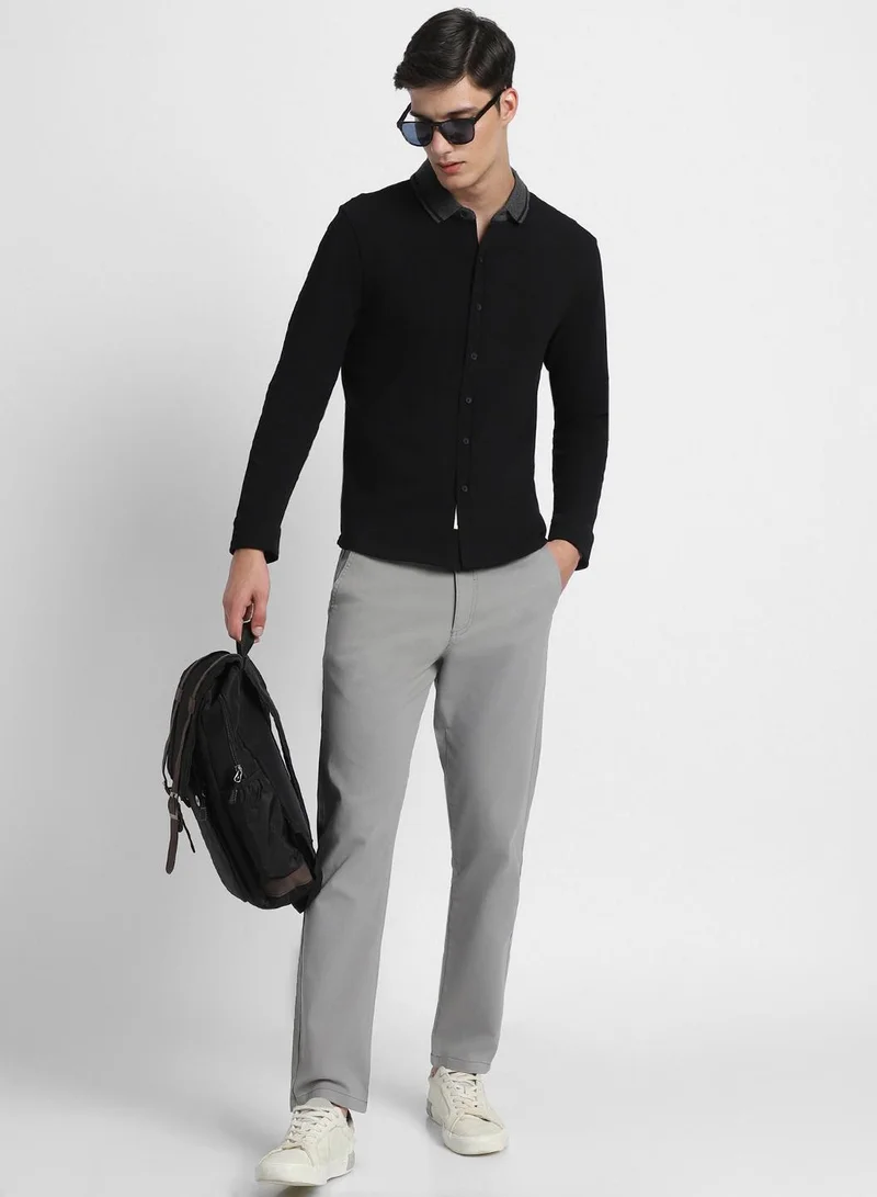 دينيس لينغو قميص رجالي أسود قطن % بقصة ضيقة وياقة ممتدة وأكمام طويلة كاجوال