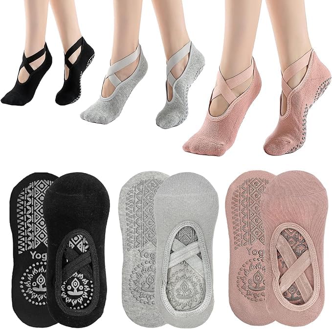 WKLOUYHE 3 Pairs Yoga Pilates Socks Non-Slip Socks for Women Girls Grippy Socks Floor Sock Non-Slip Grips Straps One Size Breathable Socks for Fitness Ballet_Free Size,Black,Light Pink And Grey - Image 1