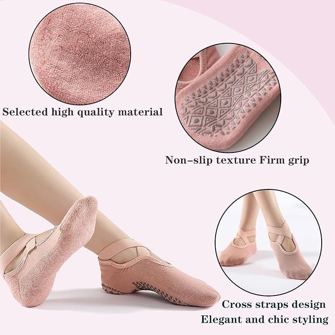 WKLOUYHE 3 Pairs Yoga Pilates Socks Non-Slip Socks for Women Girls Grippy Socks Floor Sock Non-Slip Grips Straps One Size Breathable Socks for Fitness Ballet_Free Size,Black,Light Pink And Grey - Image 3