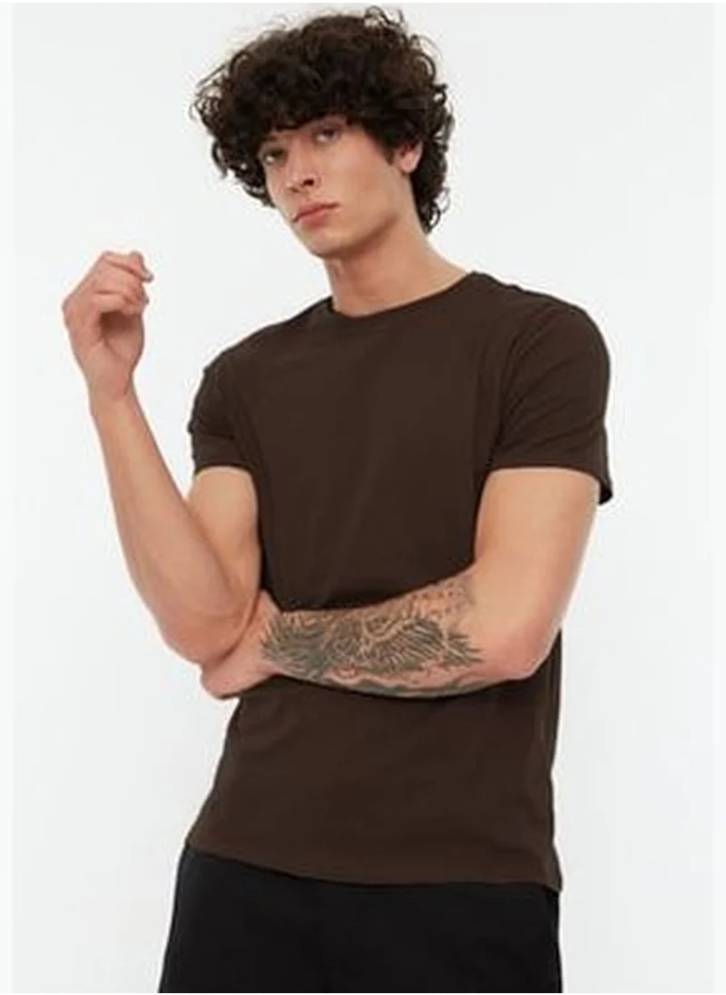 trendyol Dark Brown Basic Men's Slim Fit 100% Cotton Short Sleeve Crew Neck T-Shirt