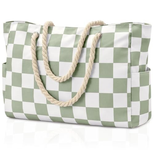 Becokan Beach Bags for Women Checkered Large Beach Tote Bag Zipper Beach Bags Waterproof Sandproof Canvas Swim Pool Bag - Image 1