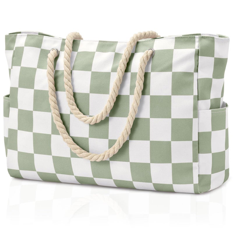 Becokan Beach Bags for Women Checkered Large Beach Tote Bag Zipper Beach Bags Waterproof Sandproof Canvas Swim Pool Bag - Image 2