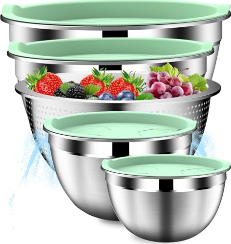 DUTZUN Mixing Bowls with Lids Set, Stainless Steel Mixing Bowl Set with Colander, Strainer with Bowls - Pistachio - Image 1