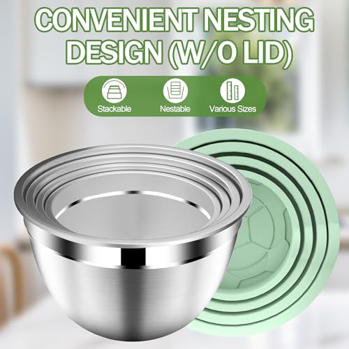 DUTZUN Mixing Bowls with Lids Set, Stainless Steel Mixing Bowl Set with Colander, Strainer with Bowls - Pistachio - Image 5