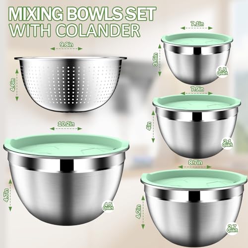 DUTZUN Mixing Bowls with Lids Set, Stainless Steel Mixing Bowl Set with Colander, Strainer with Bowls - Pistachio - Image 2