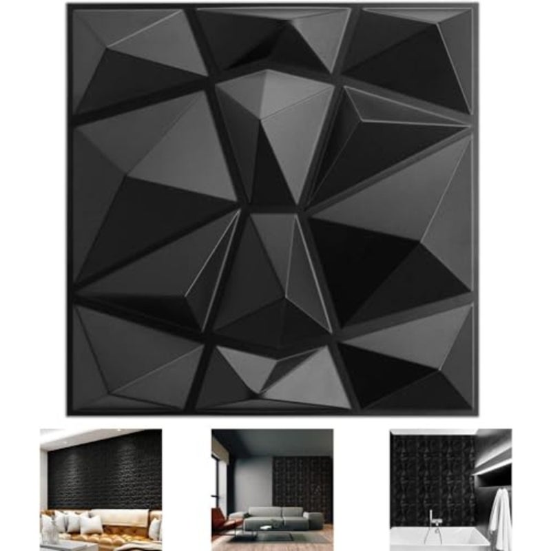 Decorative 3D Wall Panels in Diamond Design, PVC 3D Wall Decor Panels, PVC 3D Wall Panel Diamond, 3D Textured Wall Panels, for Interior Wall Decor, DIY 10 Pack, Black, 30 30cm - Image 1