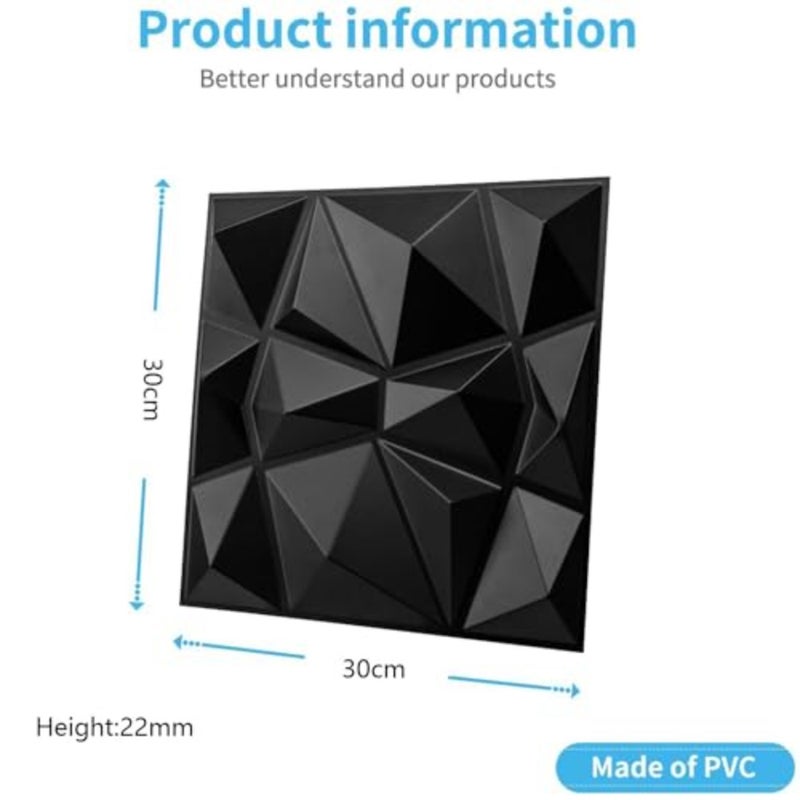 Decorative 3D Wall Panels in Diamond Design, PVC 3D Wall Decor Panels, PVC 3D Wall Panel Diamond, 3D Textured Wall Panels, for Interior Wall Decor, DIY 10 Pack, Black, 30 30cm - Image 2