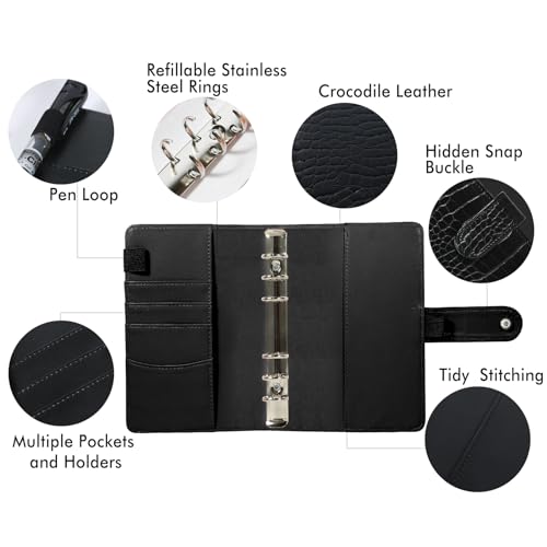 eleger A5 6 Ring Binder Cover Crocodile Large PU Leather Notebook Binder with Hidden Snap Buckle Refillable Budget Planner Black - Image 3