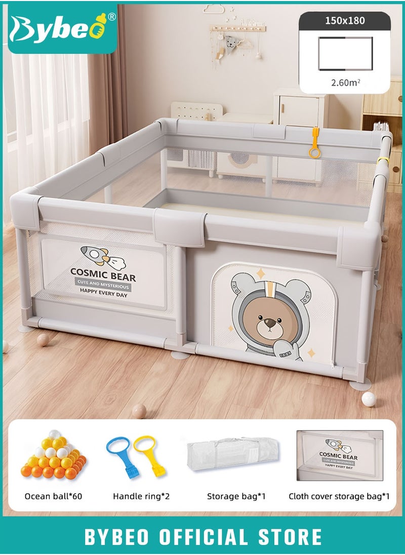 Bybeo Baby Playpen Fence, Portable Babies Playards for Toddlers, Safety Infant Activity Center, Sturdy Play Area, with 2 Pull Rings, 60 Marine Balls, Mesh Pocket and Storage Bag, 150x180cm  - Image 1