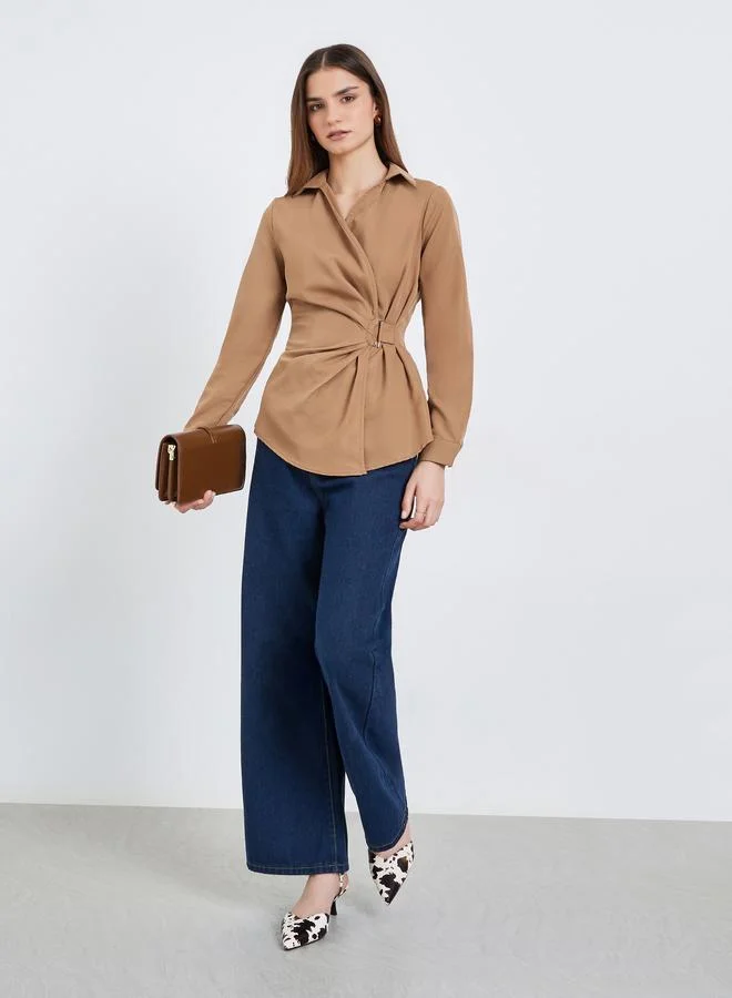 ستايلي بلوزة بنمط لف وأكمام طويلة مع رباط خصر