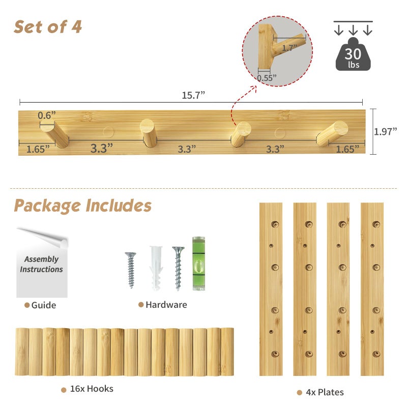 Forbena Natural Wood Coat Rack Wall Mount Set of 4, Wooden Wall Hooks for Bathroom Towels, Vertical Coat Hanger for Kids Room, Boys Girls Bedroom, Office, Entryway Keys Hats and Shoes -16 Hooks - Image 2